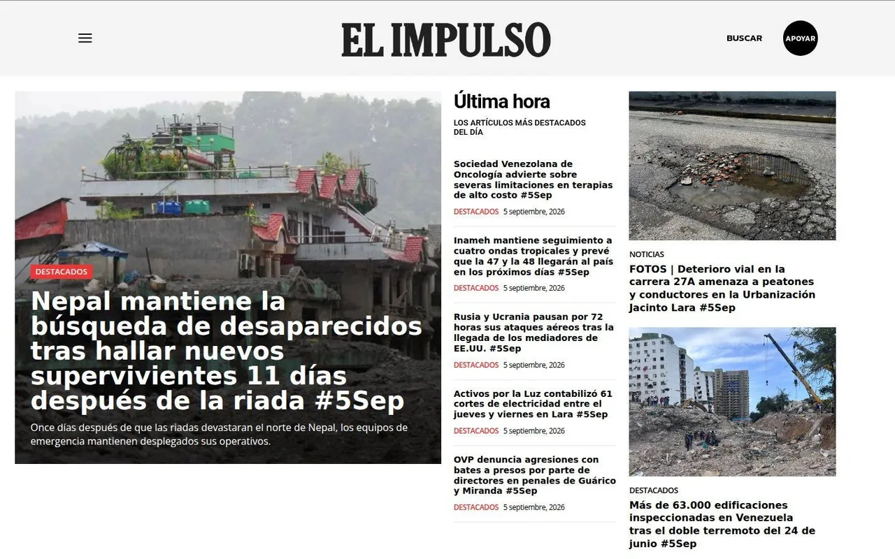 Portada de elimpulso.com con la noticia destacada, la columna de última hora y las secciones del día