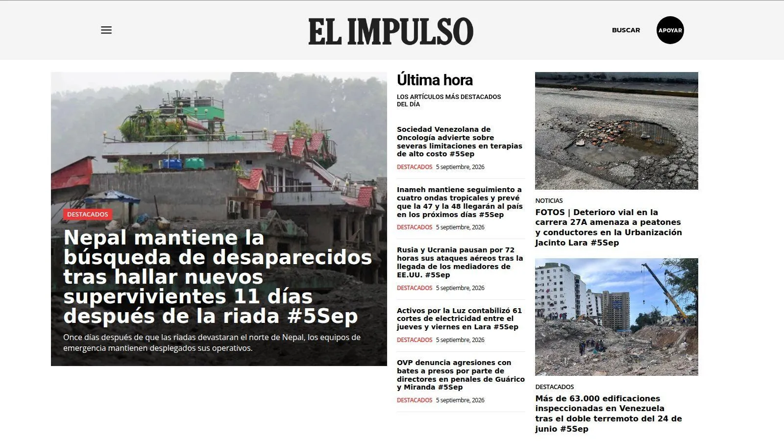 Portada de elimpulso.com con la noticia destacada, la columna de última hora y las secciones del día