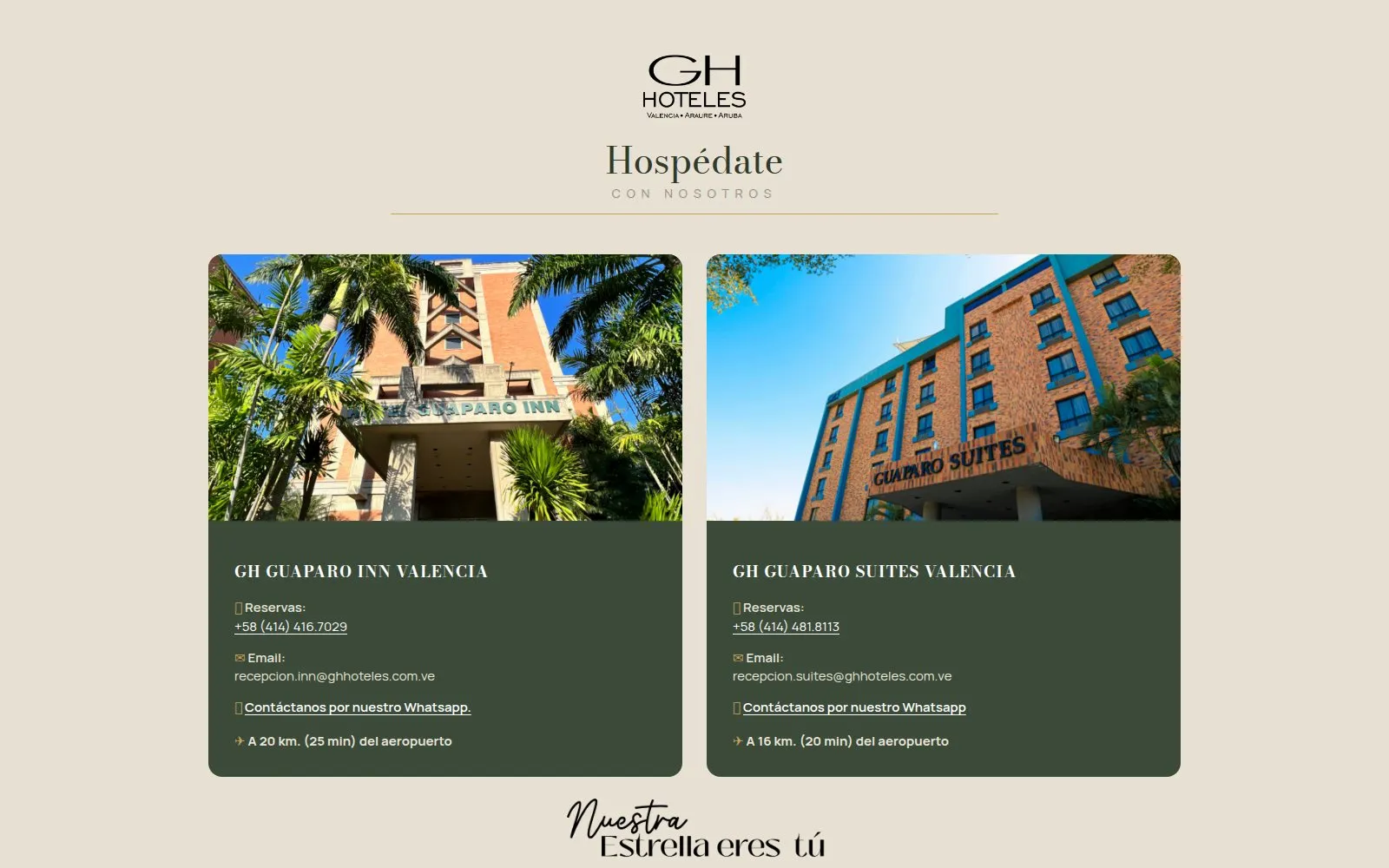 Portada de ghhoteles.com.ve con las fichas de GH Guaparo Inn y GH Guaparo Suites en Valencia