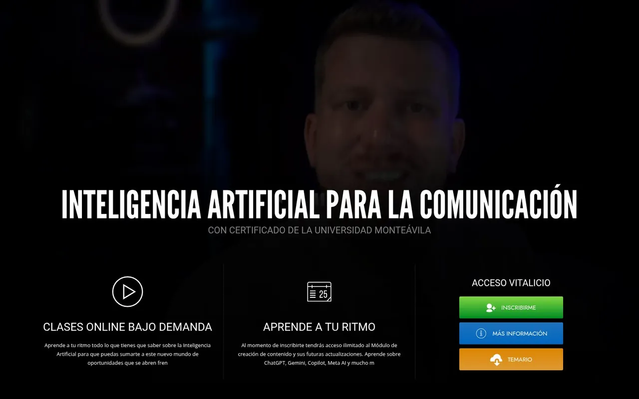 Portada de kcocarmona.com con el curso de inteligencia artificial para la comunicación y los botones de inscripción